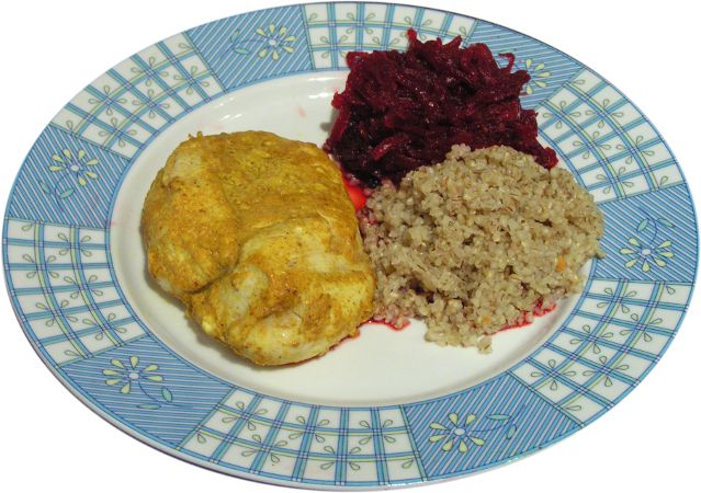 pier� w curry z kasz� i buraczkami